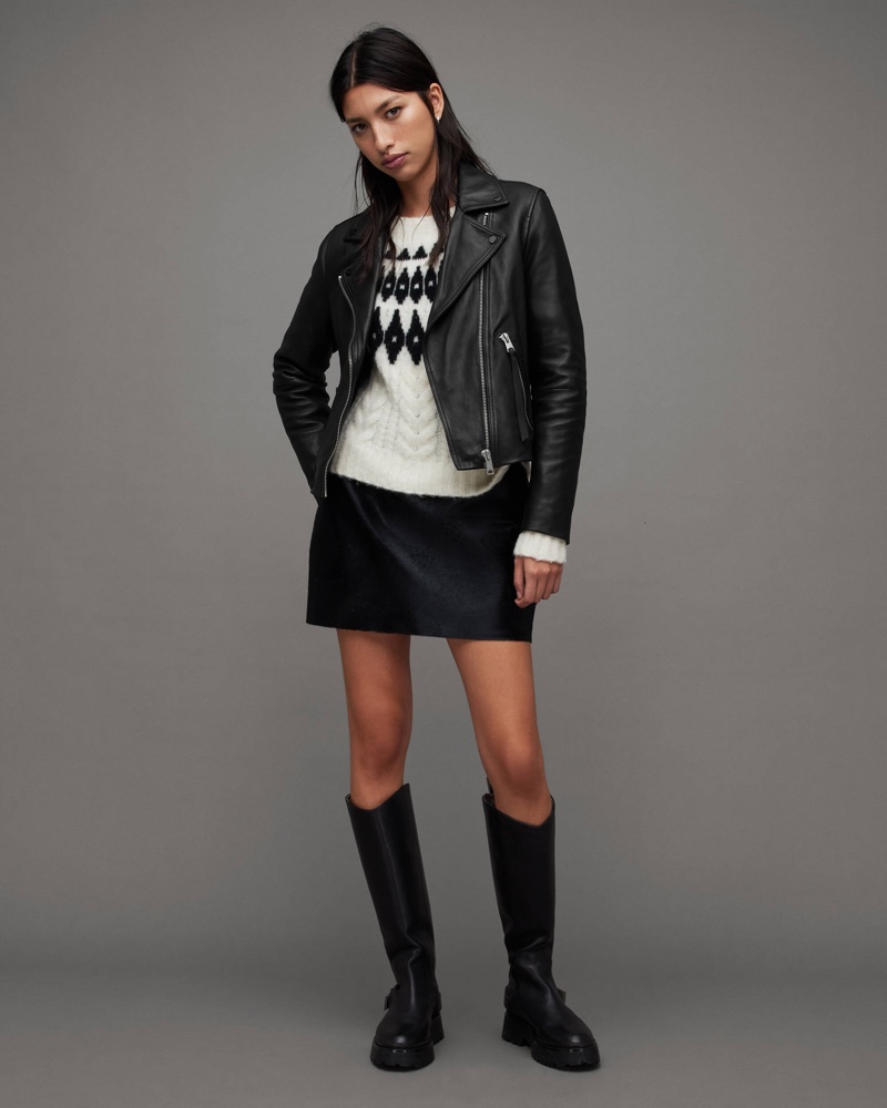Leather Jacket Sweater Mini Skirt Thanksgiving Outfit