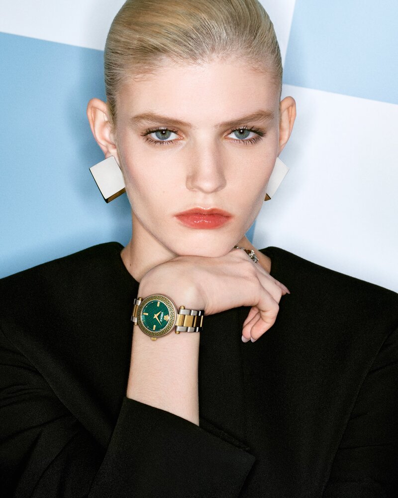 Featuring geometric earrings, Camille Chifflot showcases a luxe style for Versace watches spring 2024 campaign.