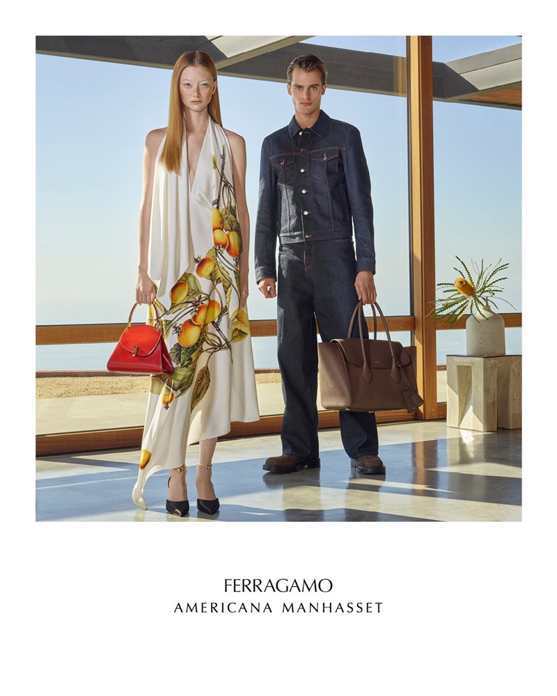 Sara Grace Wallerstedt and Parker van Noord pose in Ferragamo designs for Americana Manhasset's spring 2024 ad.