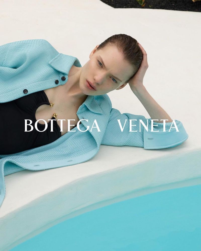 The Summer Solstice campaign by Bottega Veneta highlights poolside fashion modeled by Penelope Ternes.