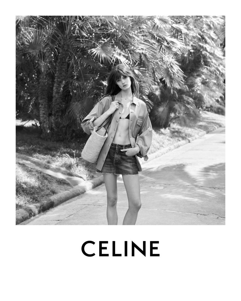 Celine champions laid-back style with a lightweight jacket, bikini top, and denim skirt from the Plein Soleil collection.