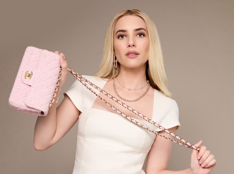 Actress Emma Roberts with pink Chanel flap bag for FASHIONPHILE campaign.