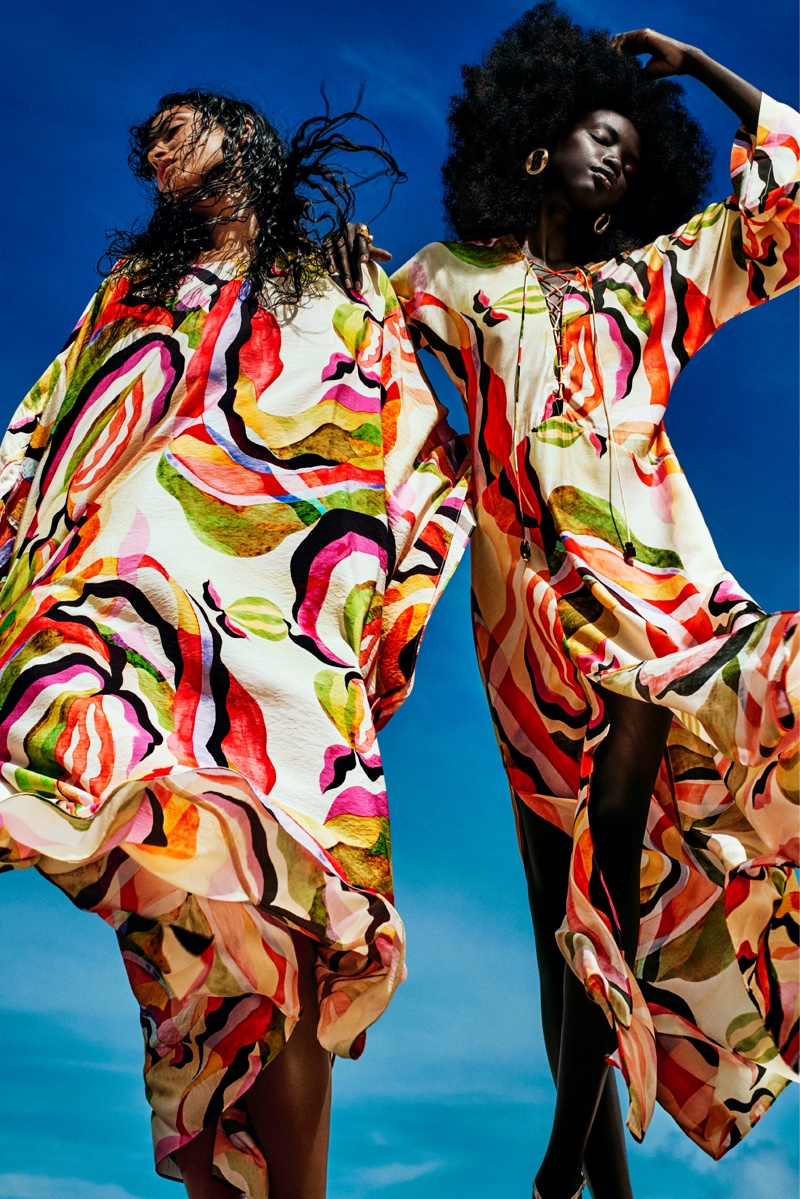 Devyn Garcia and Anok Yai embrace vibrant prints for H&M's summer 2024 ad.