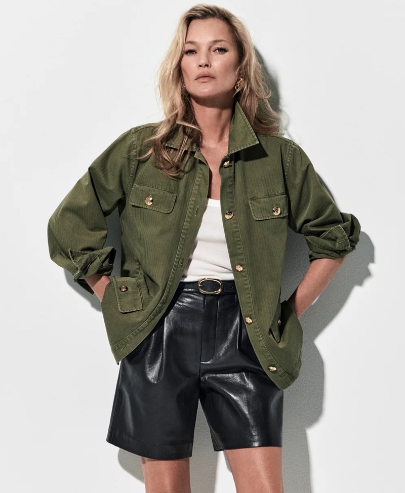 Wearing the Corey jacket, Kate Moss fronts Anine Bing's summer 2024 campaign in an army green design.