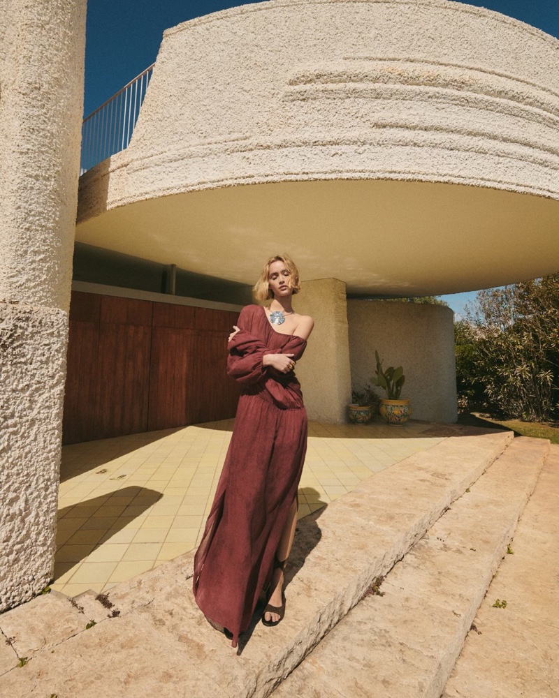 Set at an Italian villa, Massimo Dutti debuts its New Romantic editorial featuring an off-the-shoulder maxi dress.