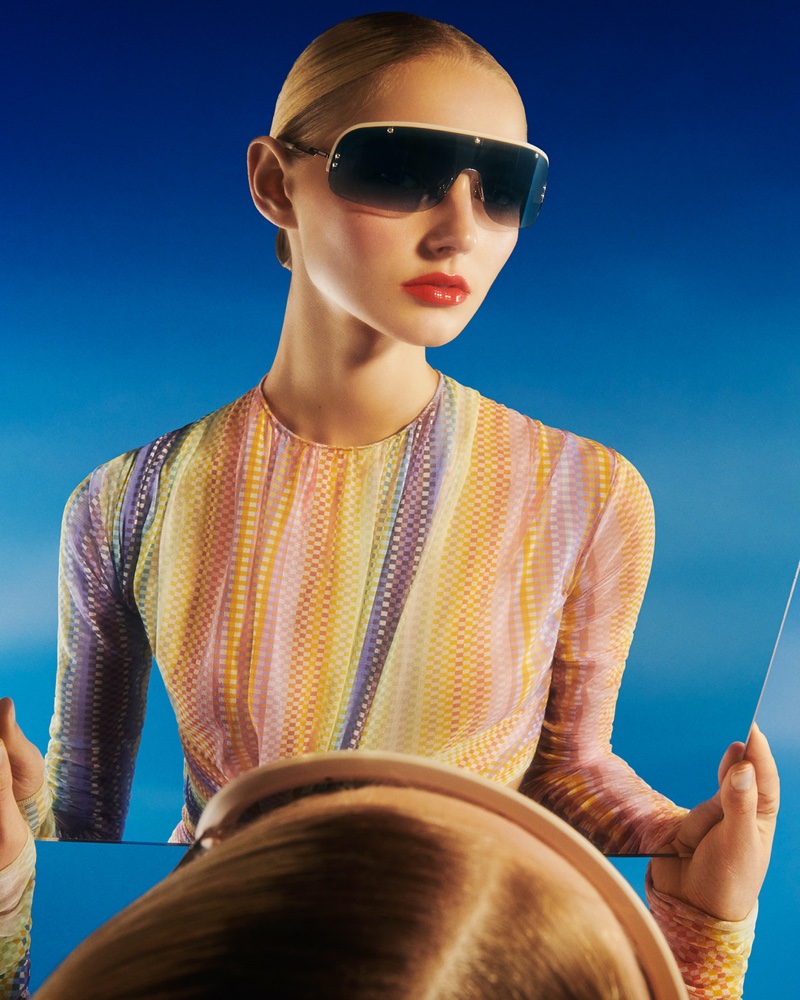 Valeria Buldini models mask sunglasses for Missoni eyewear spring 2024 collection.