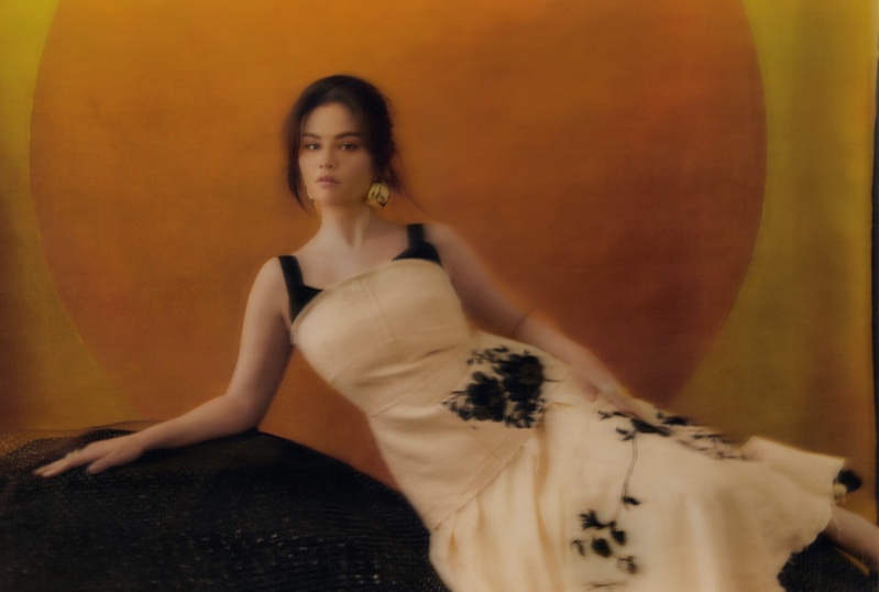 Looking like a painting, Selena Gomez poses in an Erdem dress.