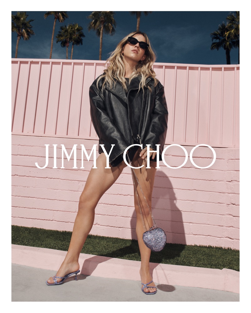 Sydney Sweeney pairs a leather jacket with glittering sandals from Jimmy Choo's summer 2024 collection.