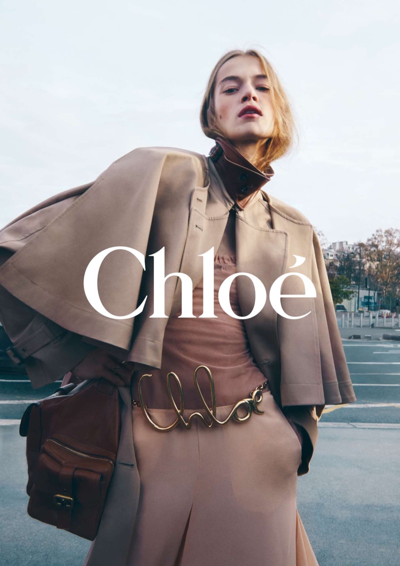 Saphira Krumhaar shows off a neutral ensemble for the Chloé fall 2024 ad.