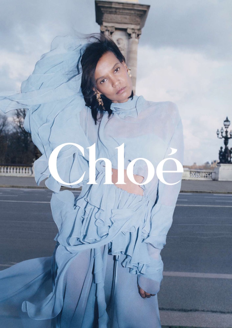 Liya Kebede charms in blue ruffles for the fall 2024 campaign from Chloé.