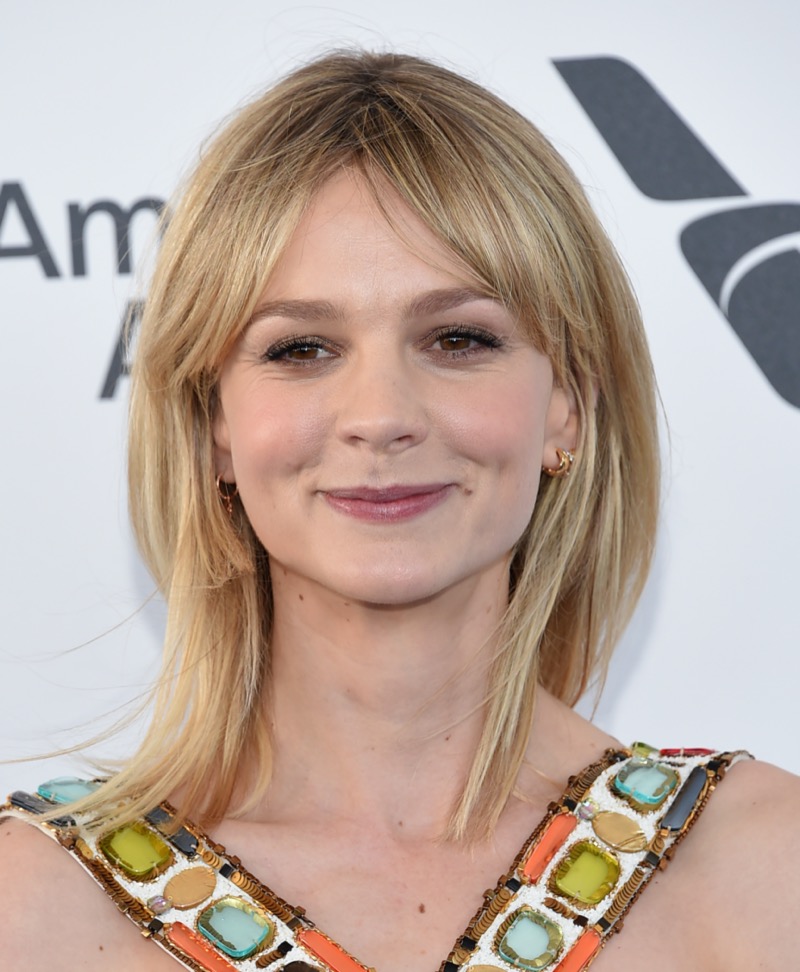 Long layered bob curtain bangs Carey Mulligan