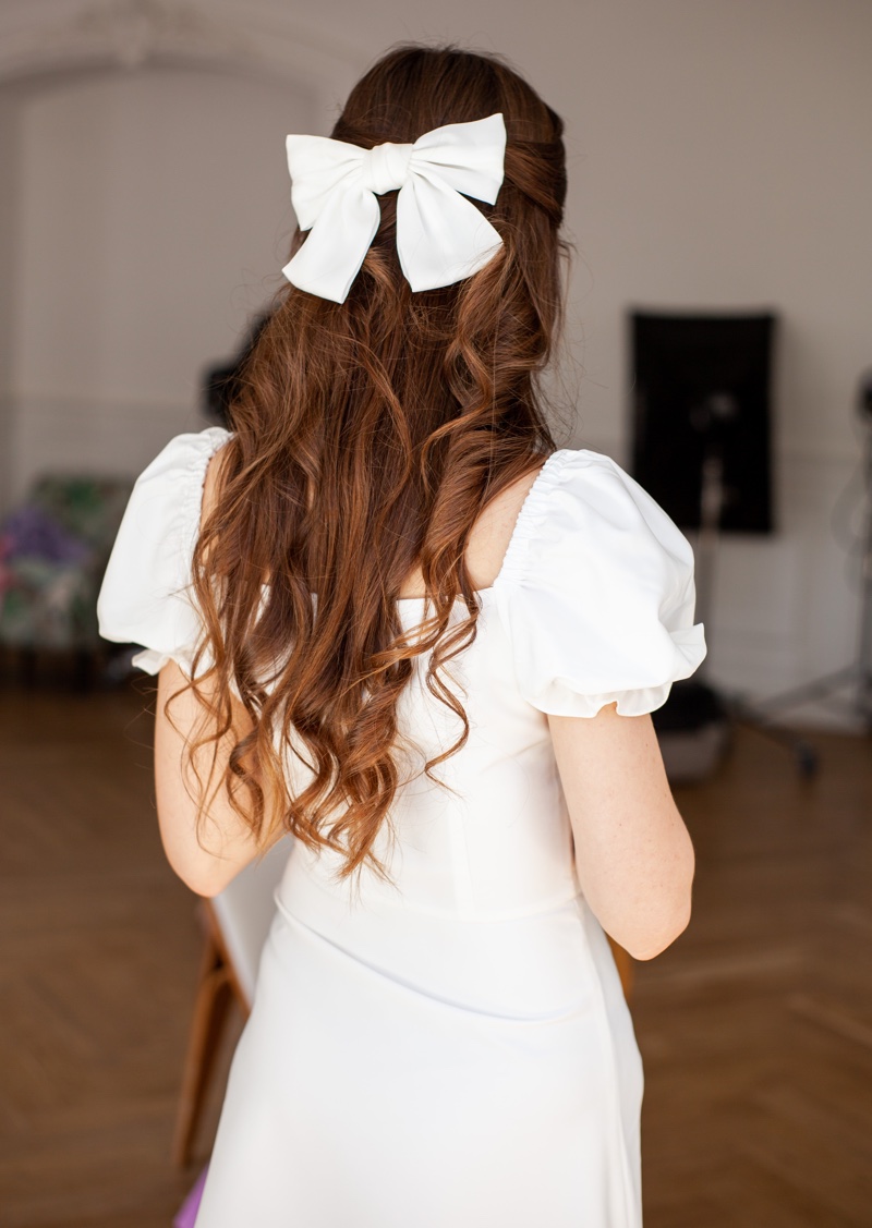 Half-Up Half-Down Bow Long Wedding Hairstyles