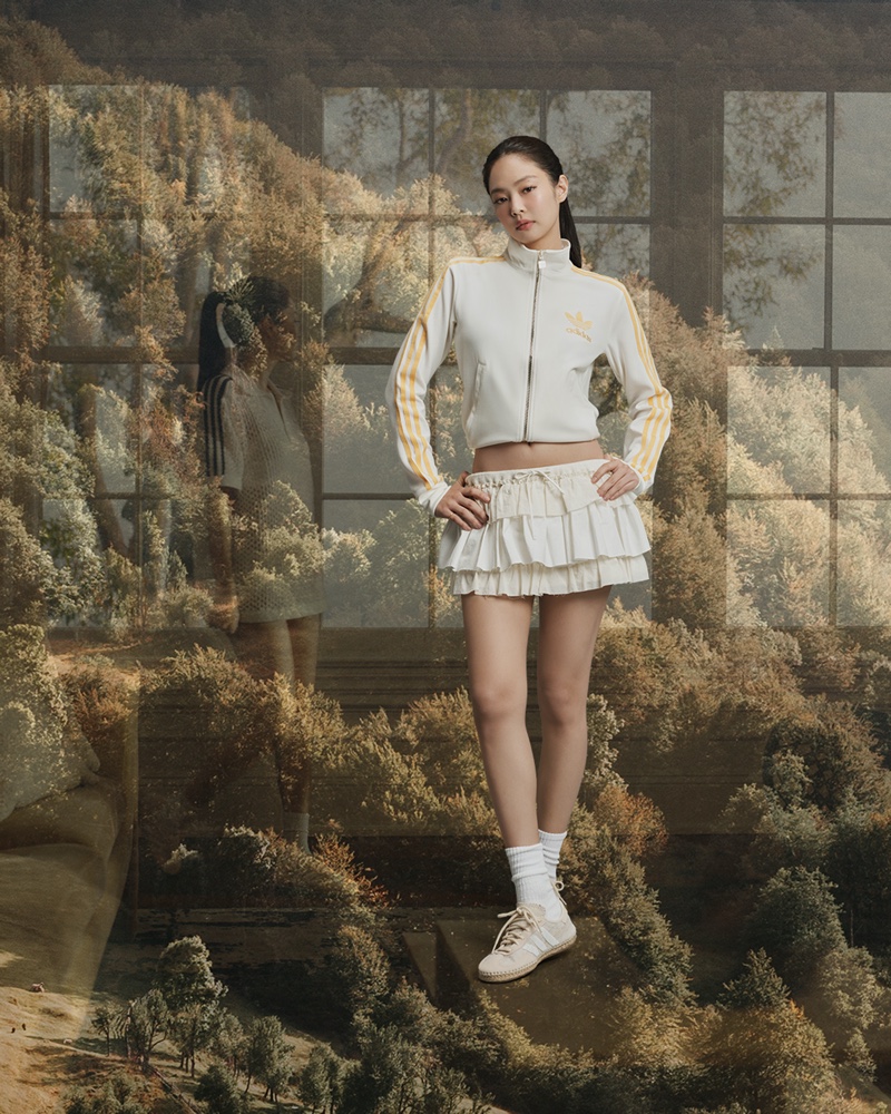 Modeling a ruffled mini skirt, Jennie embodies sporty chic with the new adidas Originals by Edison Chen CLOT Gazelle campaign.