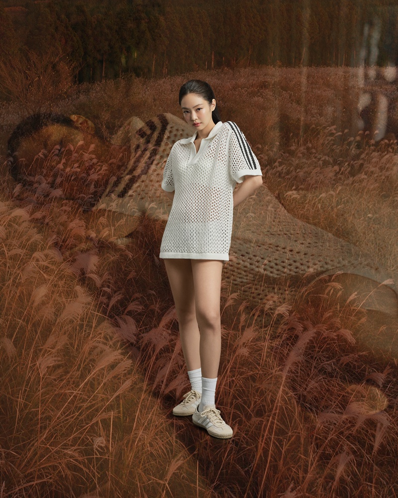 Embracing nature, Jennie showcases the unique espadrille stitching of the CLOT Gazelle by adidas Originals and Edison Chen.