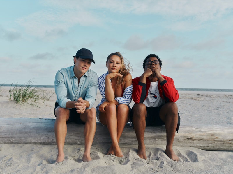 Posing with Noah Beck and Michael Rainey Jr., Madelyn Cline poses in Charleston for the Tommy Hilfiger summer 2024 campaign.