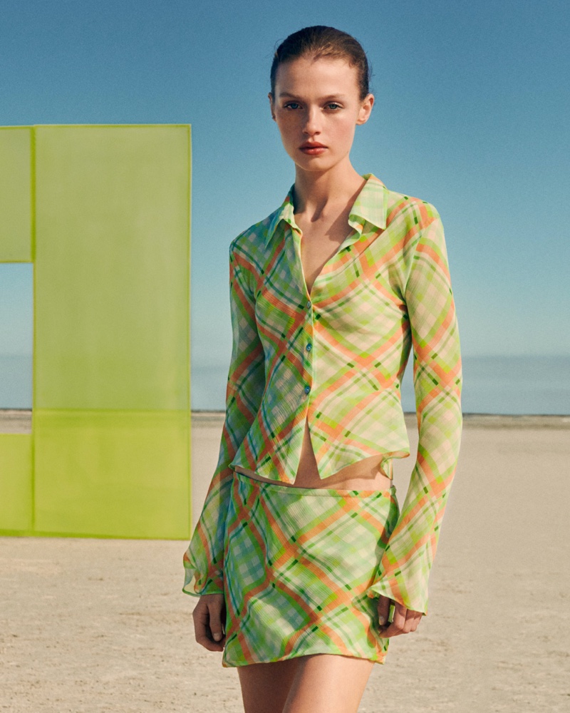 Matching sets like this checkered shirt and mini skirt define Mango's summer 2024 collection.