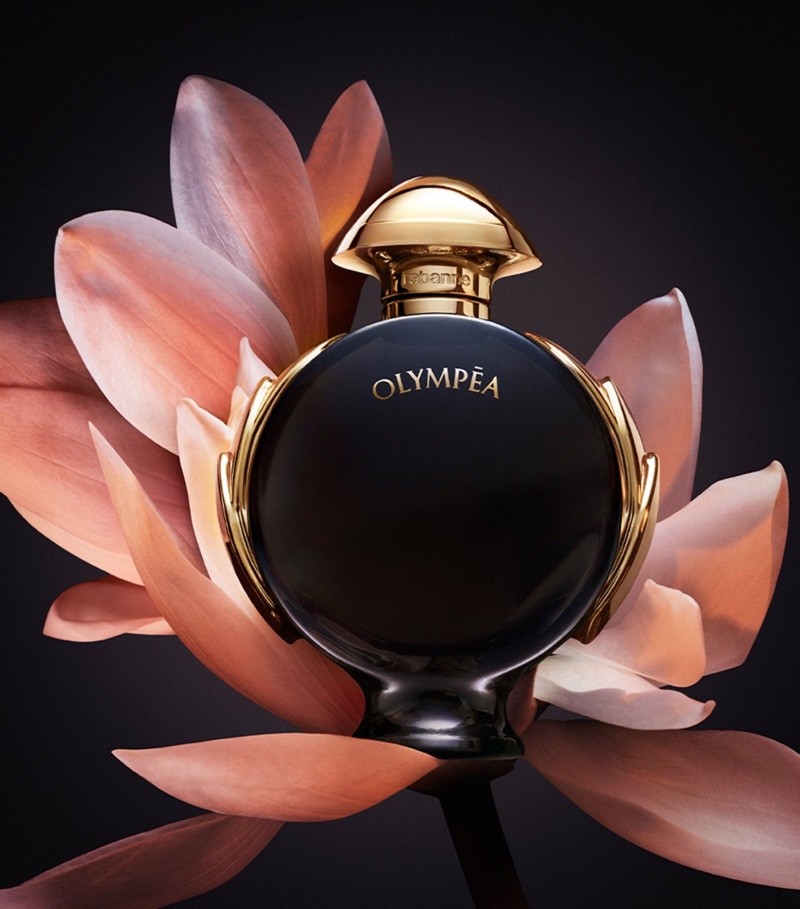 A look at Rabanne's Olympea Parfum bottle featuring black and gold detail.