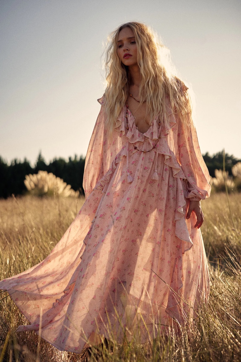Spell showcases a ruffled maxi dress from its latest Fleur collection.