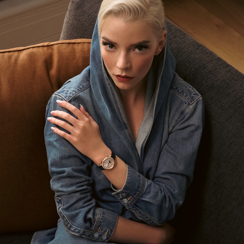 The Jaeger-LeCoultre Rendez-Vous Moon watch is adorned with diamonds as Anya Taylor-Joy shows.