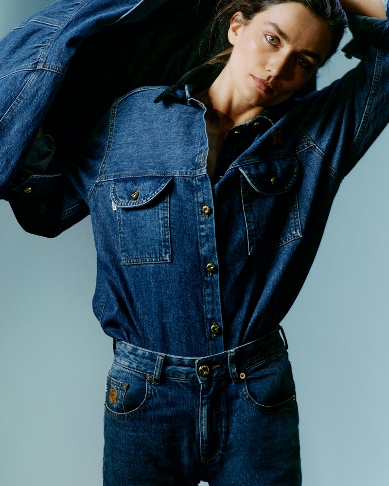 Andreea Diaconu layers up in denim for Blazé Milano's pre-fall 2024 campaign.