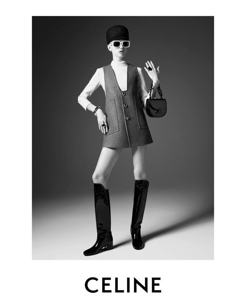 Celine spotlights a pinafore dress and leather boots for its winter 2024 campaign.