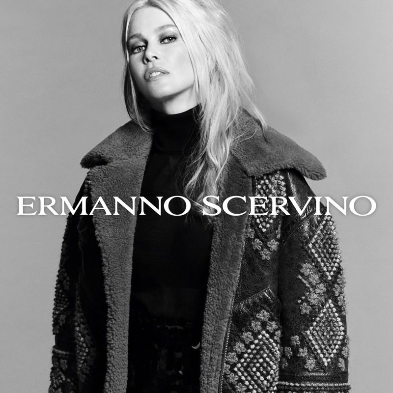 Claudia Schiffer wears an embroidered shearling jacket from Ermanno Scervino's fall 2024 collection.