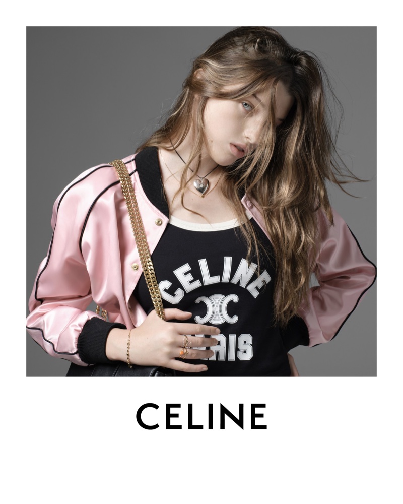 Looking pretty in pink, Ever Anderson models Celine Paris tank top, teddy jacket, and sparkling Coeur Triomphe necklace.