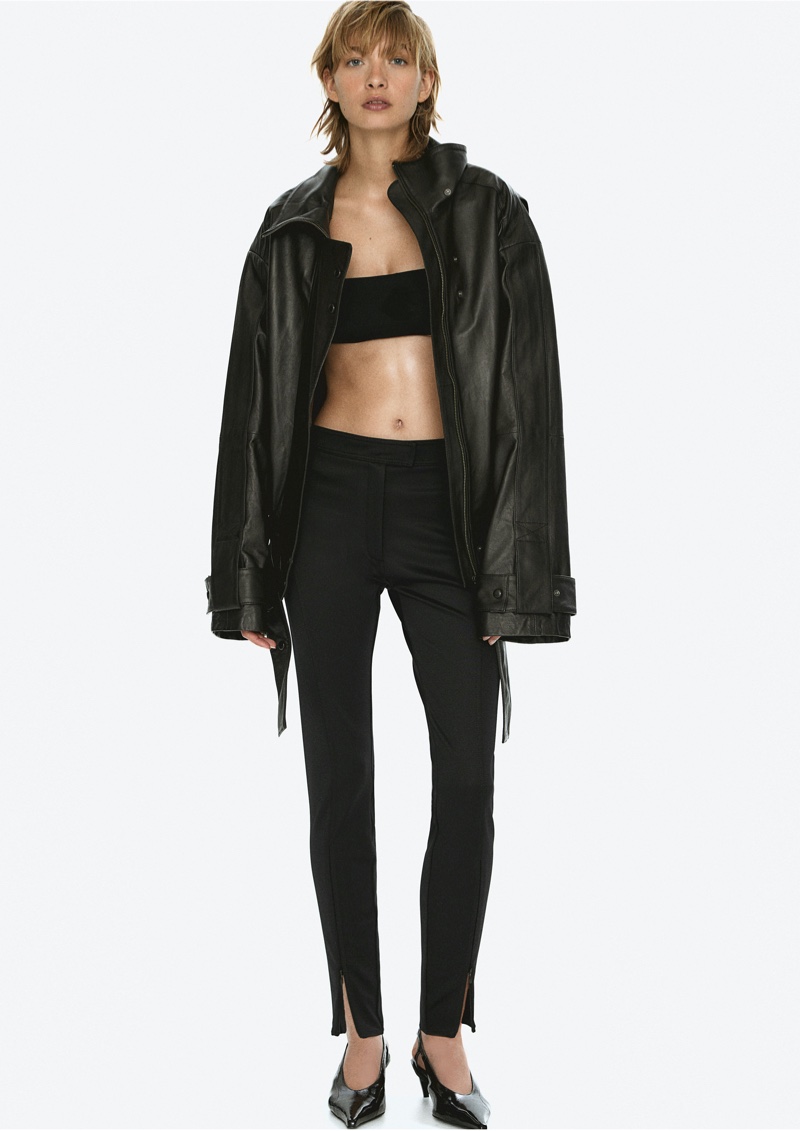 H&M Studio pairs a leather jacket with leggings for the pre-fall 2024 mini capsule collection.