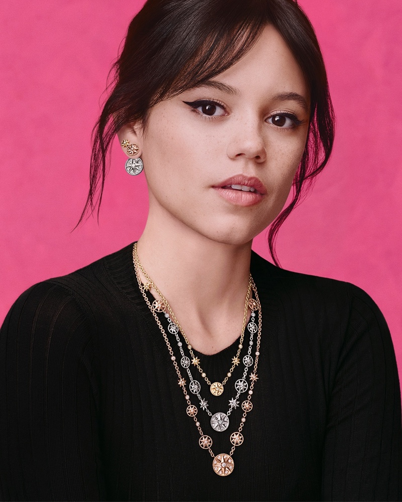 Dior ambassador Jenna Ortega shines in the brand's Rose des Venta jewelry.