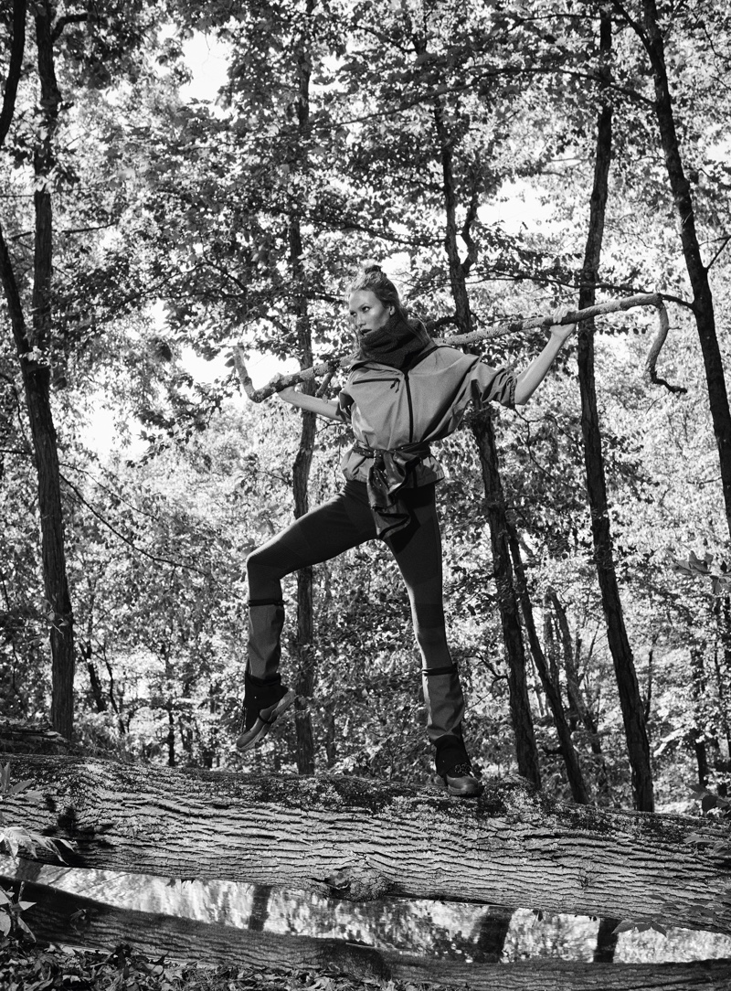 Surrounded by forest, Karlie Kloss models a look made for being outdoors.