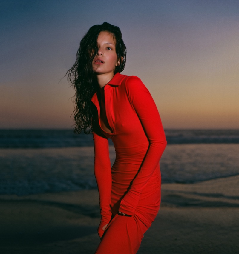 A cherry red long sleeve dress brings some color to Khy's Golden Hour collection.