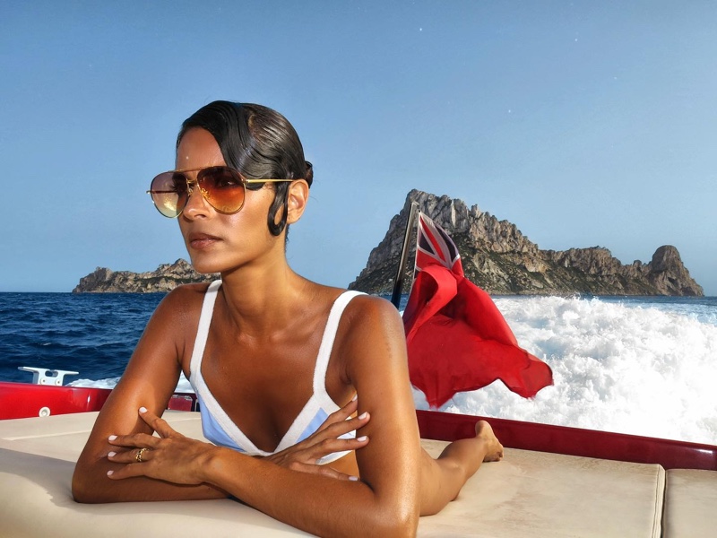 The Marcelo aviator sunglasses from Linda Farrow x Annie's Ibiza collaboration pairs well with a retro bikini.