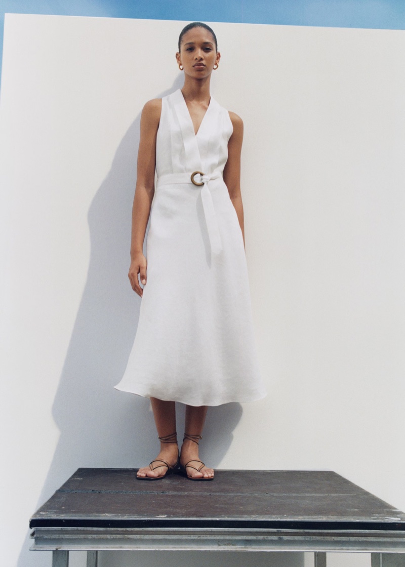 Mango features a chic linen belted dress in its summer arrivals.