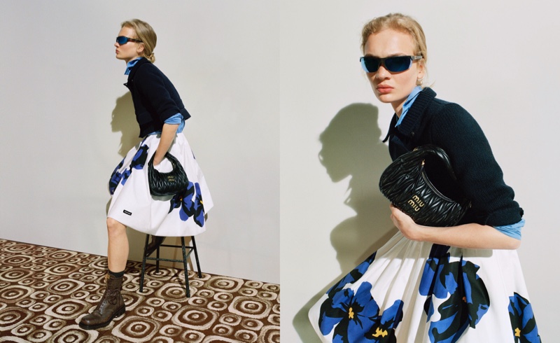 Caitlin Soetendal models the Wander bag for Miu Miu's fall-winter 2024 campaign.