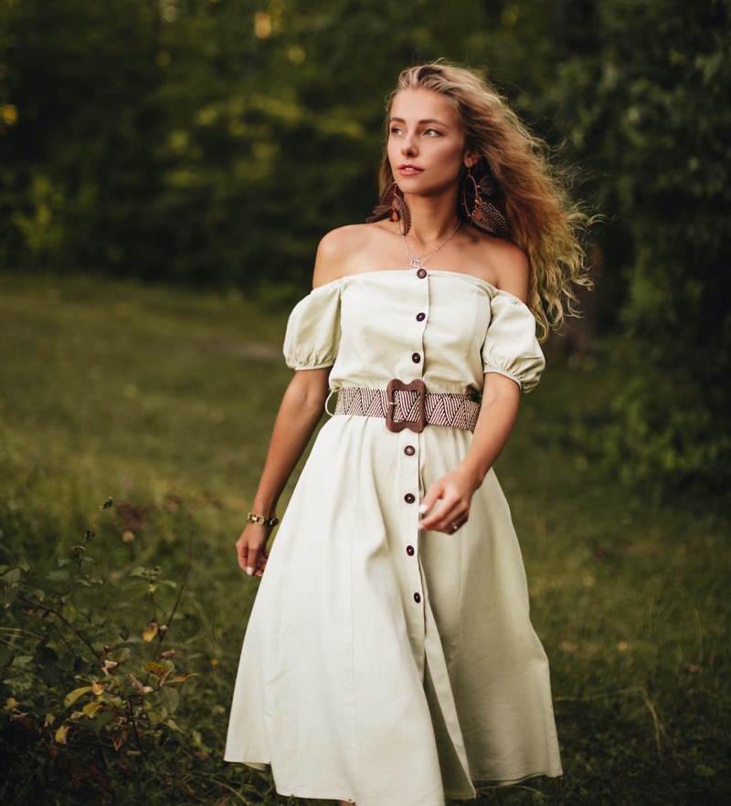 Off Shoulder Belted Dress Cottagecore Aesthetic