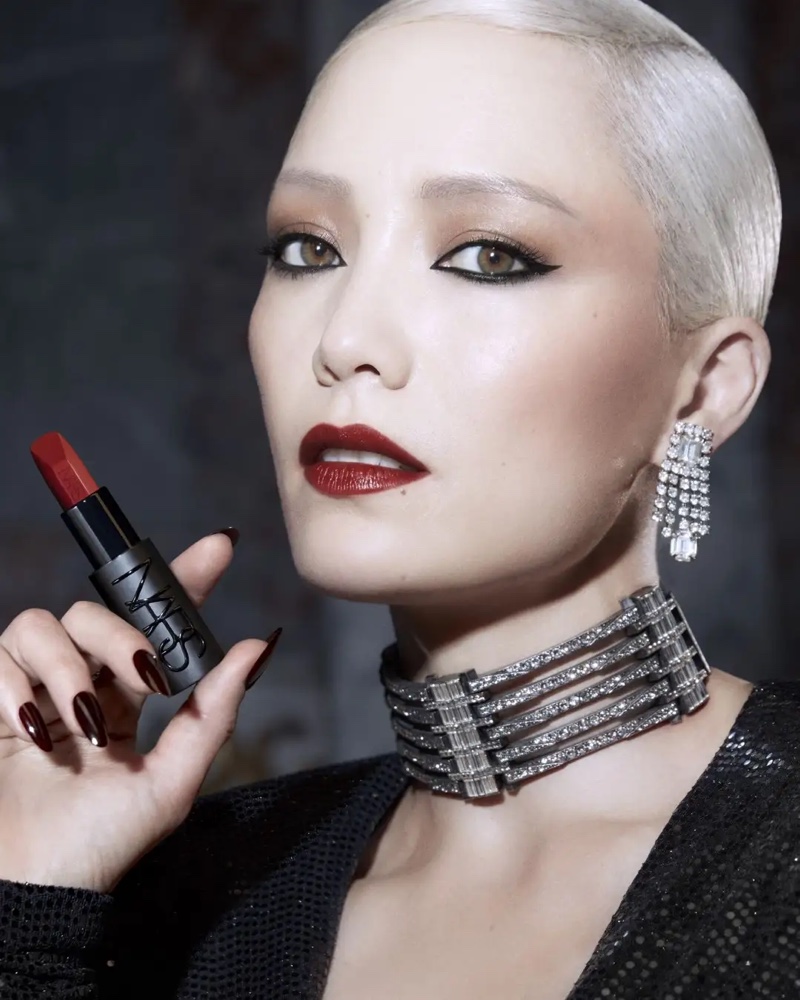 Pom Klementieff stuns in NARS Explicit Lipstick ad, wearing shade 805 Rendez-Vous.