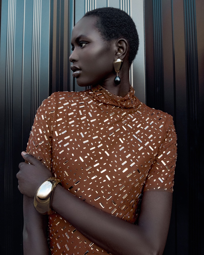 Gold cuffs and drop earrings styles stand out in Self-Portrait's jewelry line.