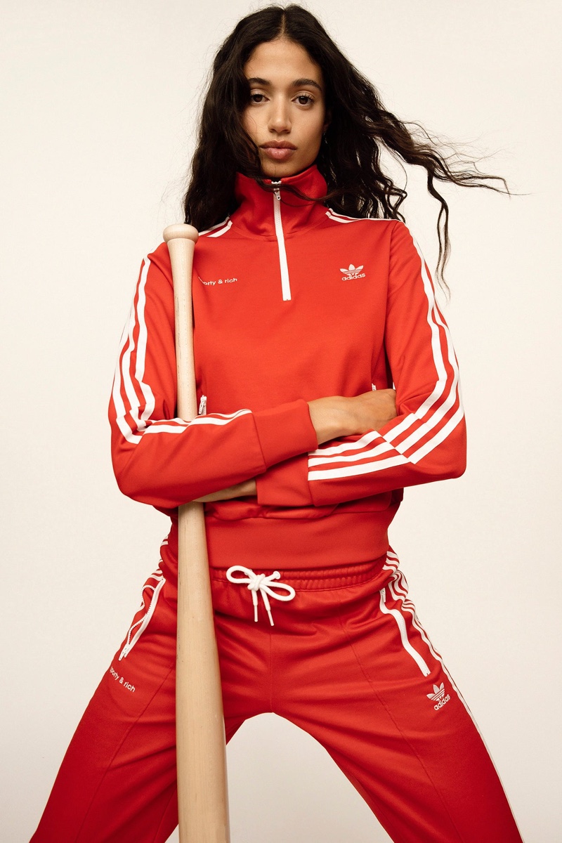 A red tracksuit stands out in Sporty & Rich's new collaboration with adidas Originals, honoring the Olympics.