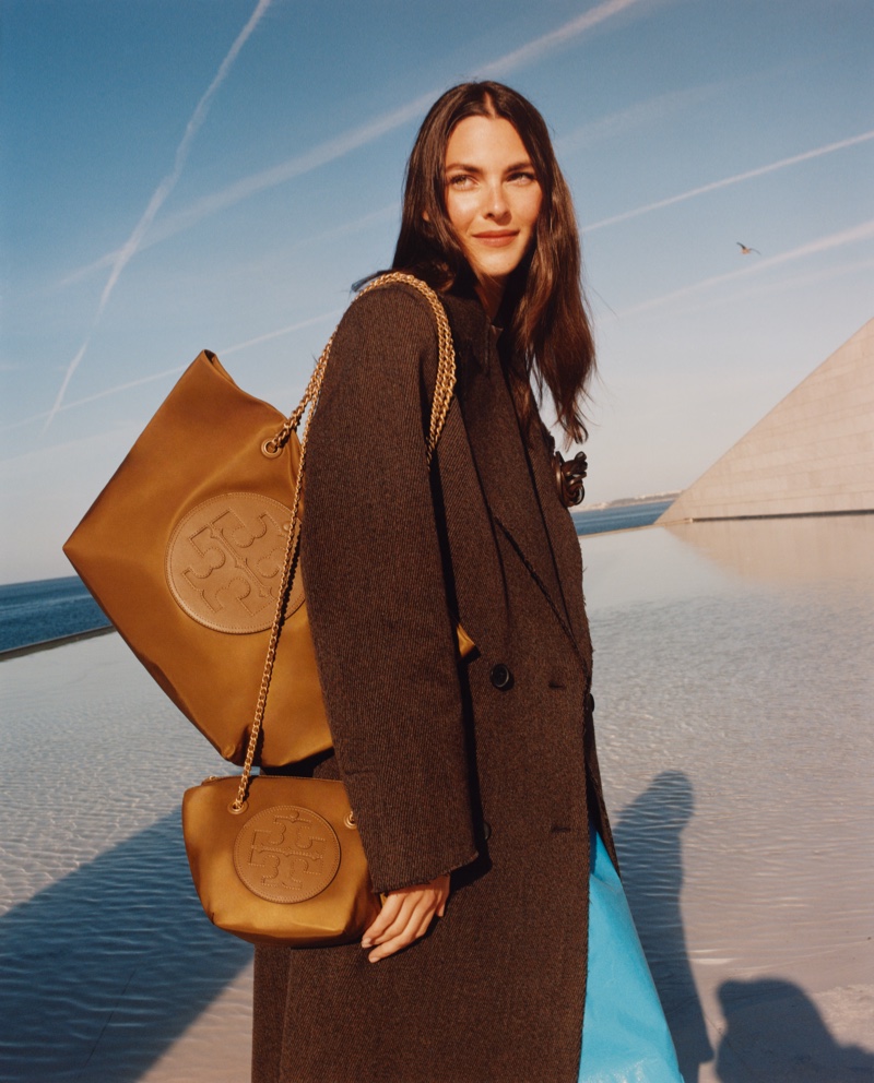 Vittoria Ceretti models handbags in Tory Burch's fall 2024 campaign set in Lisbon, Portugal.