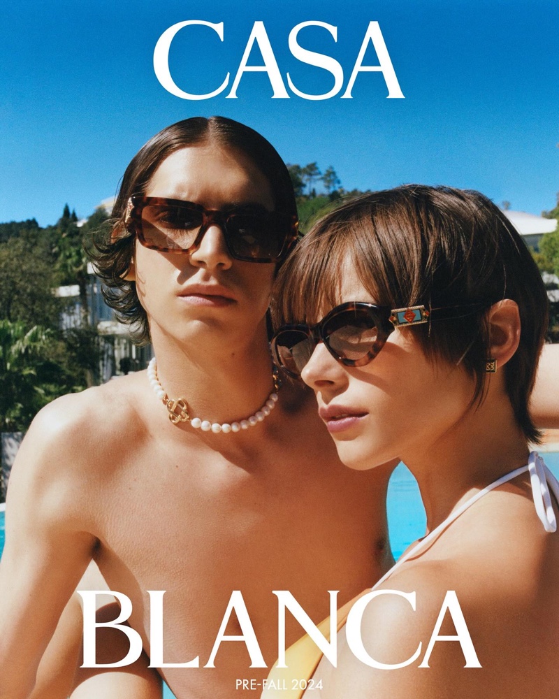 Hedi Ben Tekaya and Luna Passos model Casablanca's pre-fall 2024 sunglasses.