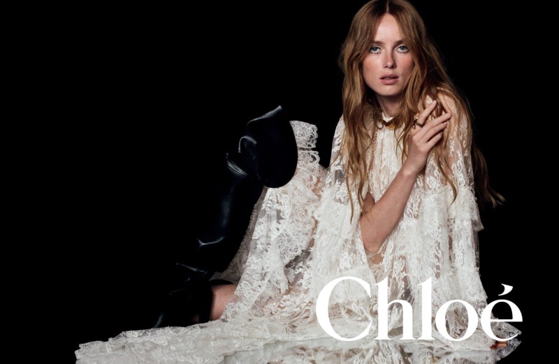 Rianne van Rompaey models lace in Chloé's winter 2024 ad.