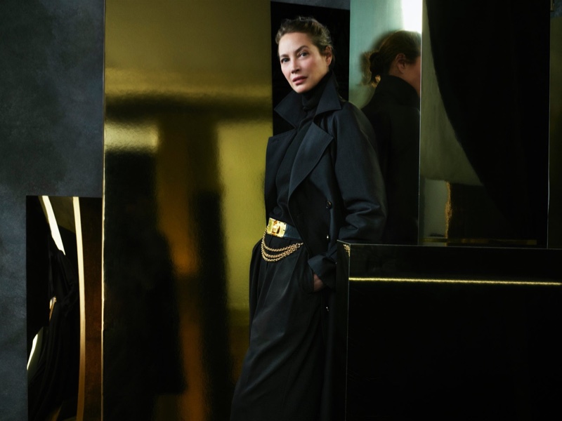 Christy Turlington layers up in black and gold for Donna Karan's fall 2024 campaign.