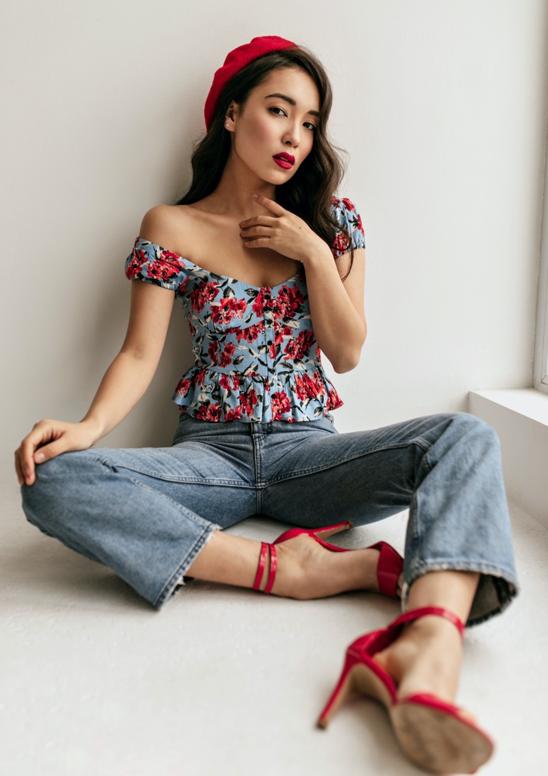 French Floral Top Jeans Soft Girl Outfit