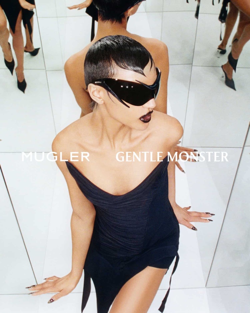 Georgia Palmer models Mugler x Gentle Monster's Spiral 01 sunglasses.