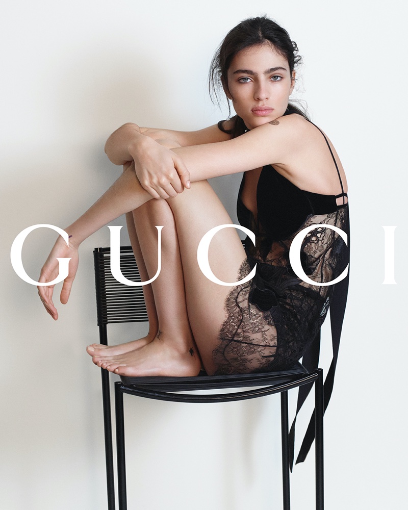 Gucci features delicate lace in its fall 2024 ad.