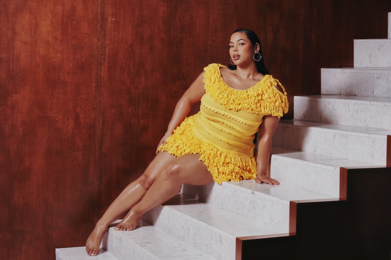 Tabria Majors models a yellow fringed-adorned dress from Hanifa's resort 2024 collection.