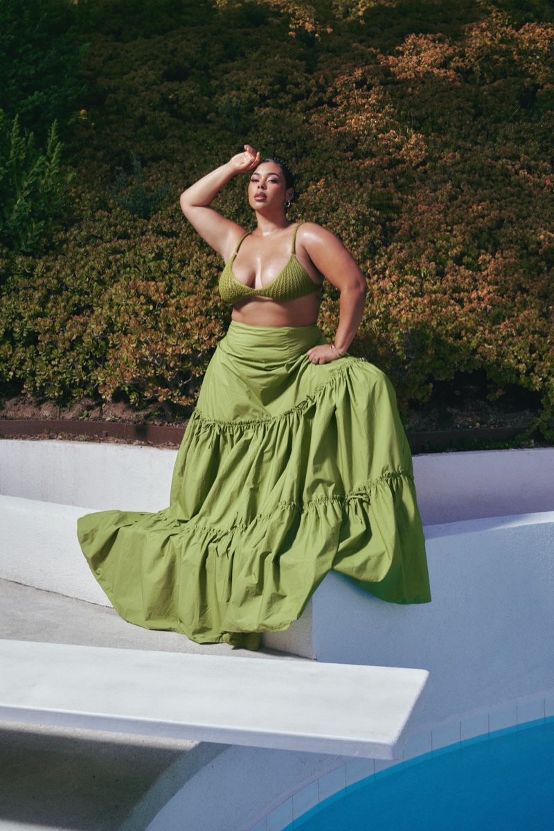 Hanifa embraces green shades with a bikini top and maxi skirt look for resort 2024.