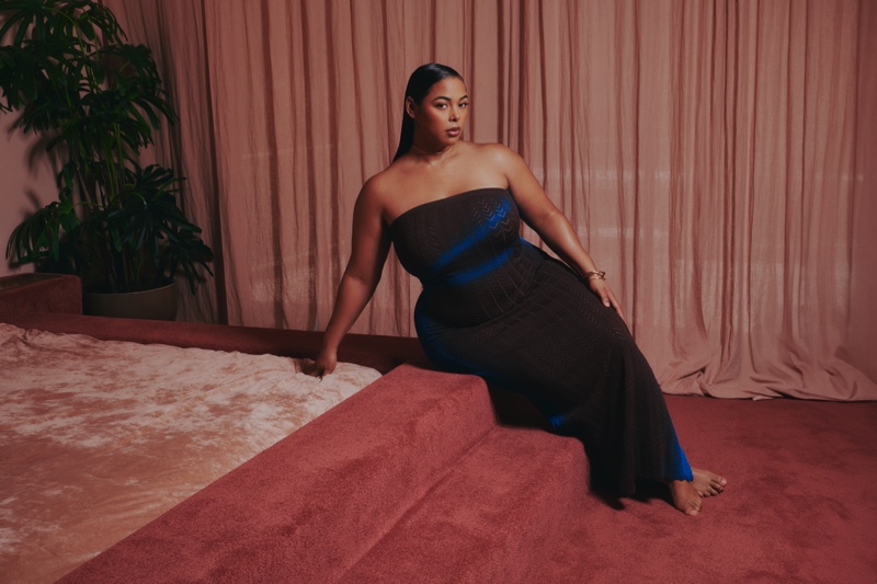 Tabria Majors poses in a strapless maxi dress from Hanifa's resort 2024 line.