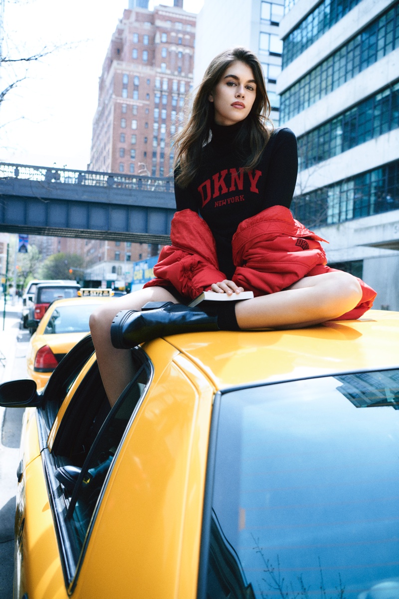 Rocking a turtleneck and puffer jacket, Kaia Gerber fronts DKNY's fall 2024 campaign.