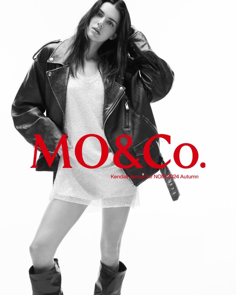 Kendall Jenner exudes cool in a leather jacket and shimmering mini dress for MO&Co. fall 2024 Noir campaign.